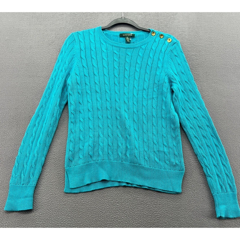 Lauren Ralph Lauren Sweater Women's M Turquoise Blue Cable Knit Shoulder Button